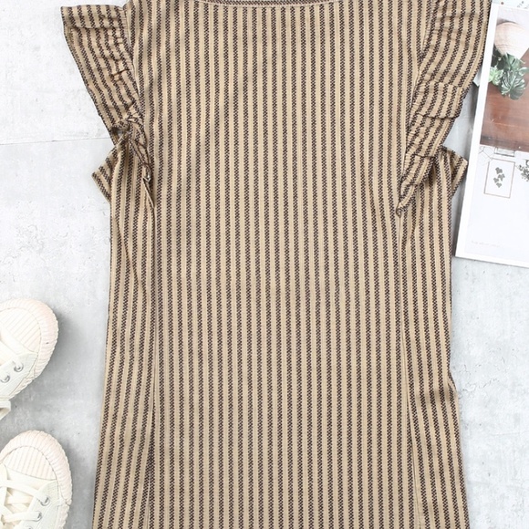New Boutique: Khaki Striped Print Ruffle Casual Summer Top - Picture 3 of 15